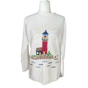 Vintage The Quacker Factory Women's Small Sweater White Knit Lighthouse Theme